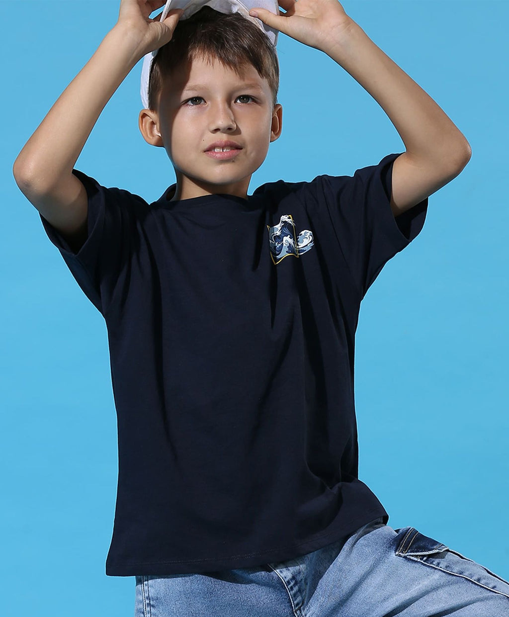 100% Cotton Drop Shoulder Tee With Front N Back Wave Print - Navy