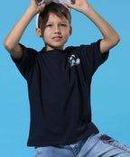 100% Cotton Drop Shoulder Tee With Front N Back Wave Print - Navy
