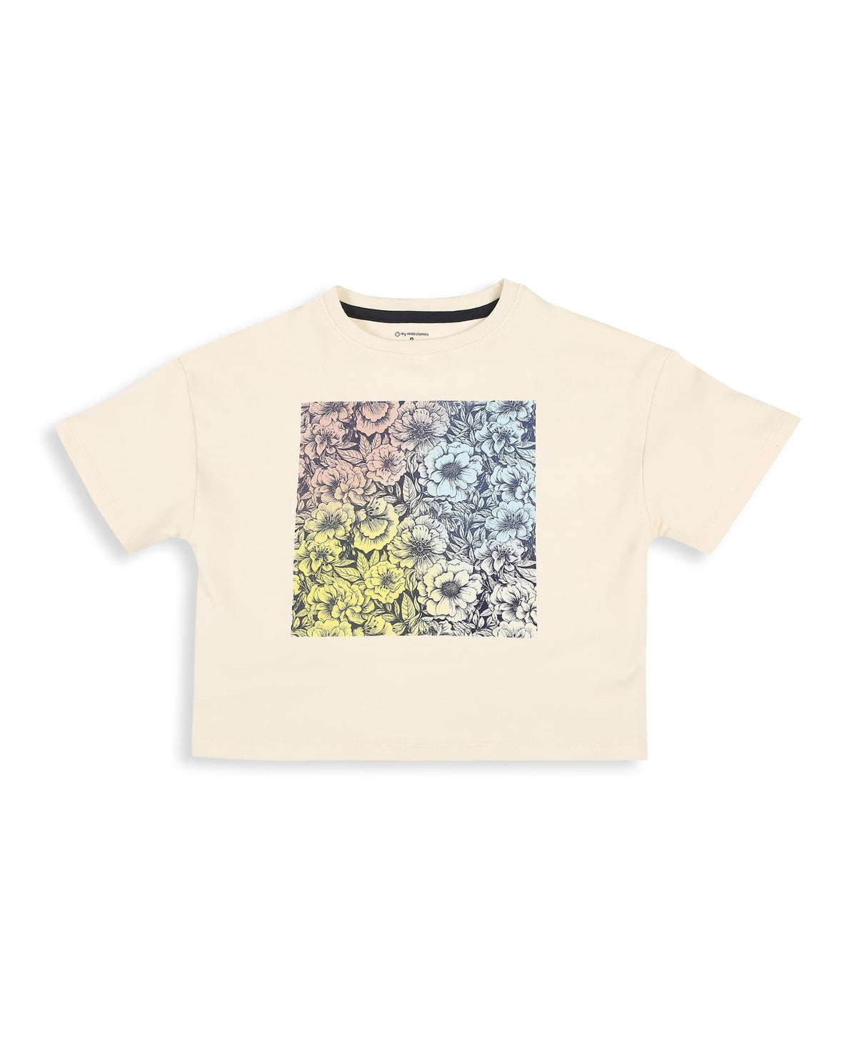 100% Cotton Floral Gradient Drop Shoulder Crop Tee - Ecru