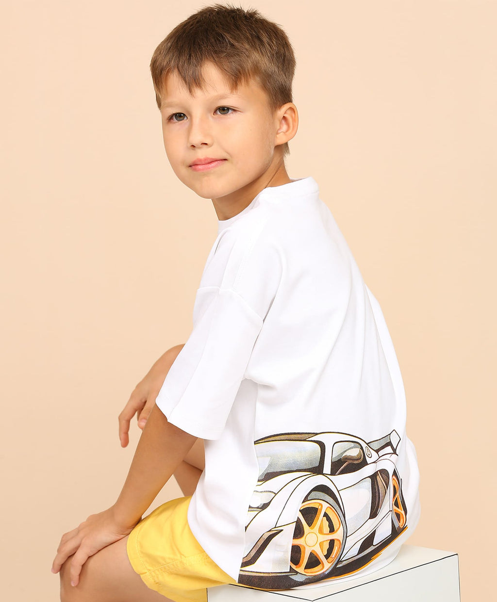 100% Cotton Racer Car Print Drop Shoulder Tee - White