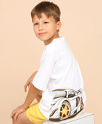 100% Cotton Racer Car Print Drop Shoulder Tee - White