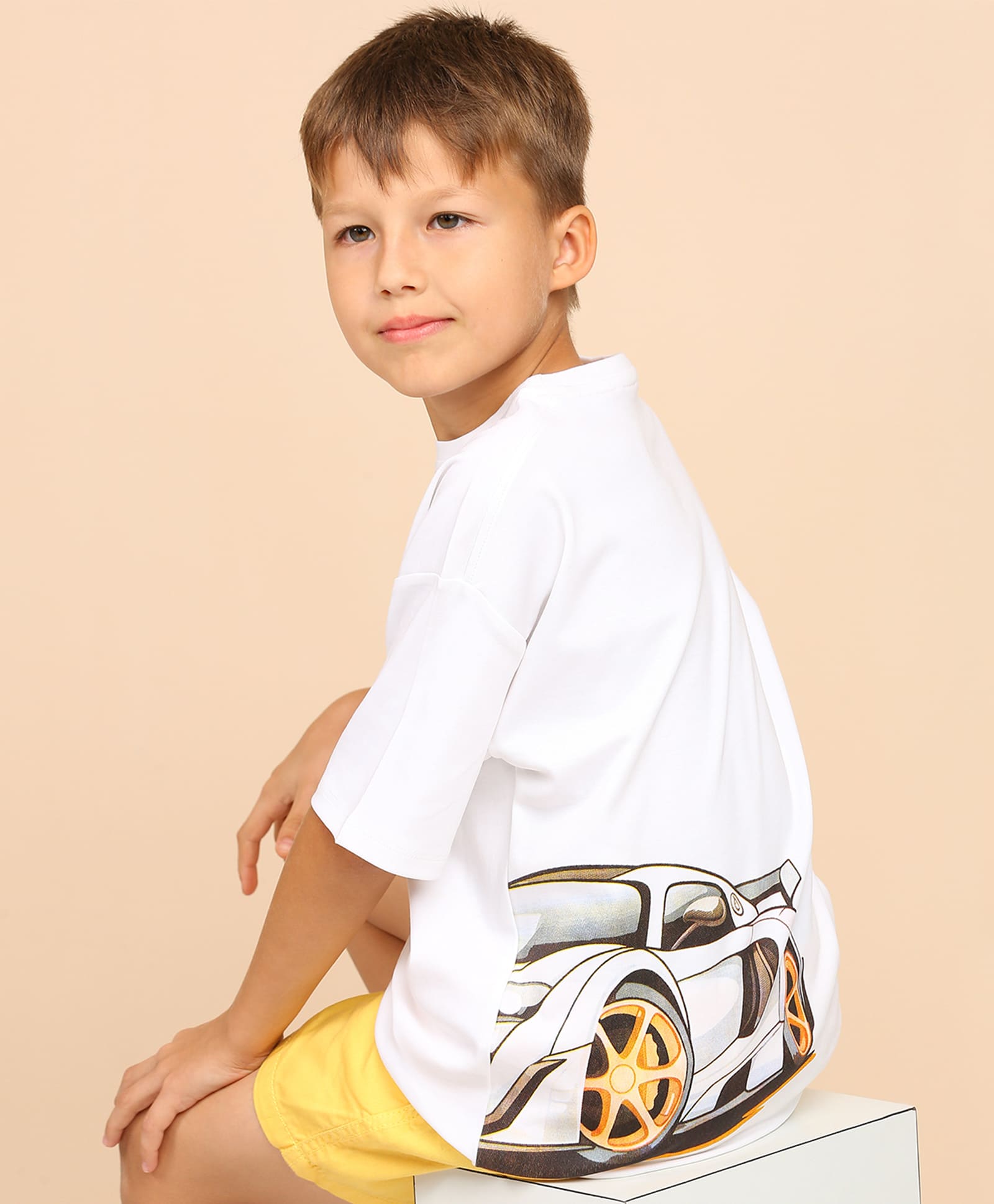 100% Cotton Racer Car Print Drop Shoulder Tee - White