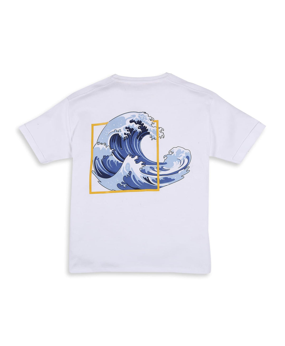 100% Cotton Drop Shoulder Tee With Front N Back Wave Print - White