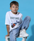 100% Cotton Drop Shoulder Tee With Cmyk Skate Print - White