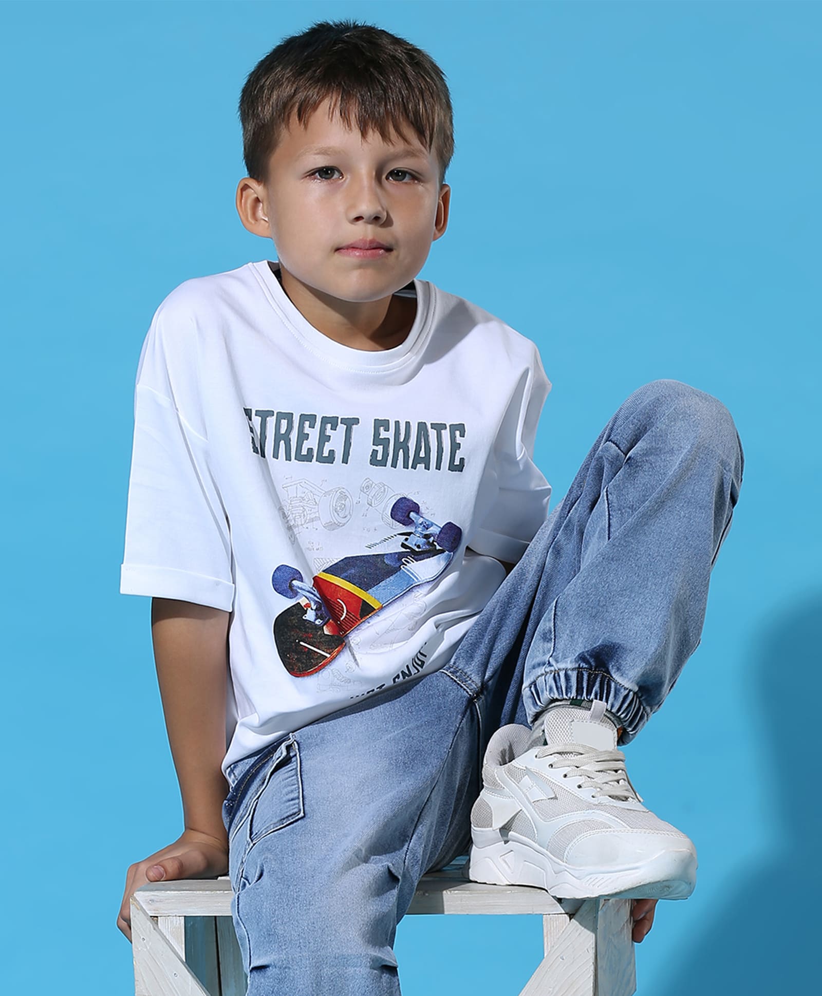 100% Cotton Drop Shoulder Tee With Cmyk Skate Print - White