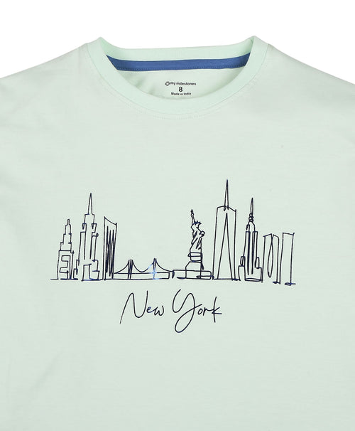100% Cotton Drop Shoulder Tee With New York Foil Print - Light Green