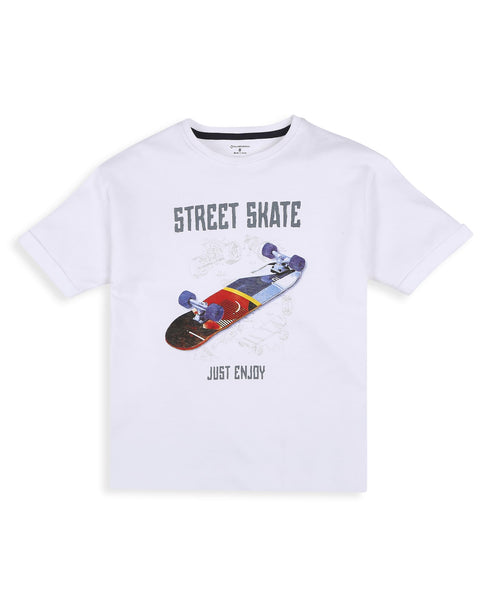 100% Cotton Drop Shoulder Tee With Cmyk Skate Print - White