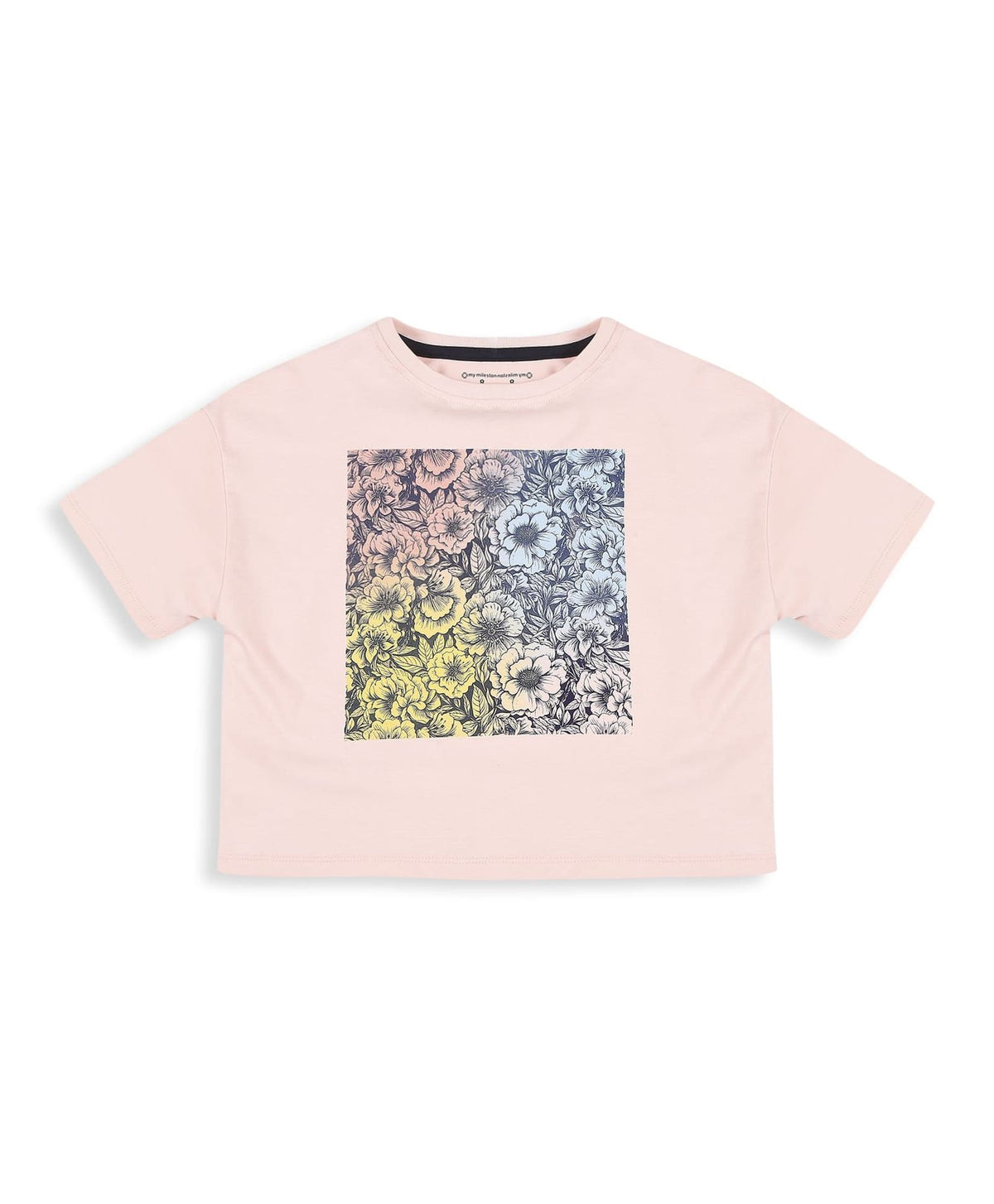 100% Cotton Floral Gradient Drop Shoulder Crop Tee - Pink