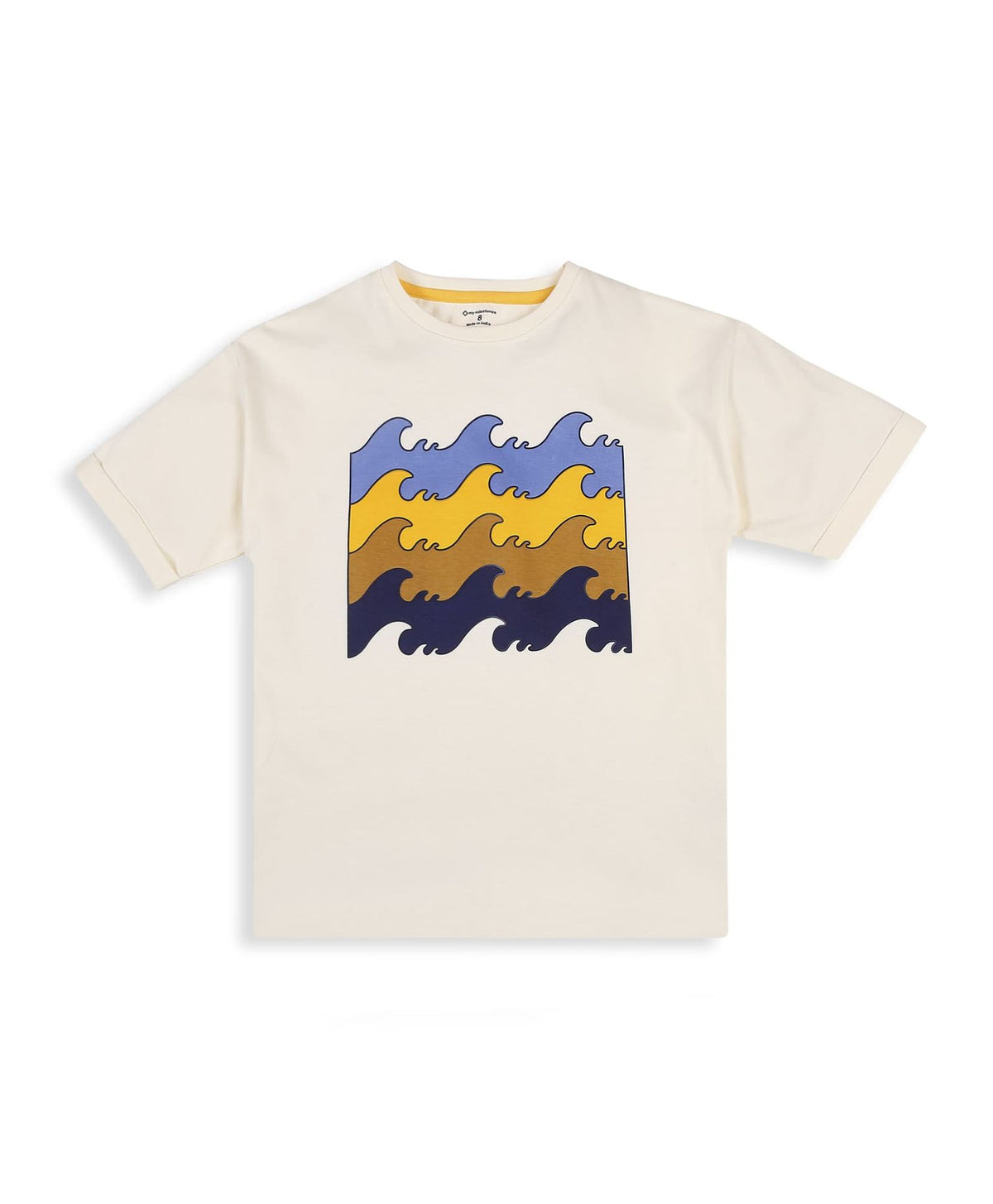 100% Cotton Drop Shoulder Tee With Wave Color Block Print - Off White