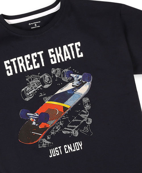 100% Cotton Drop Shoulder Tee With Cmyk Skate Print - Navy