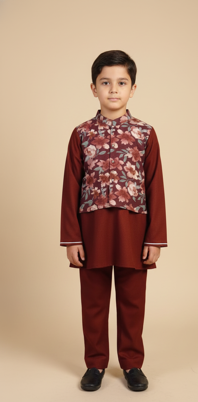 Red Kurta Payjama with Floral Jacket