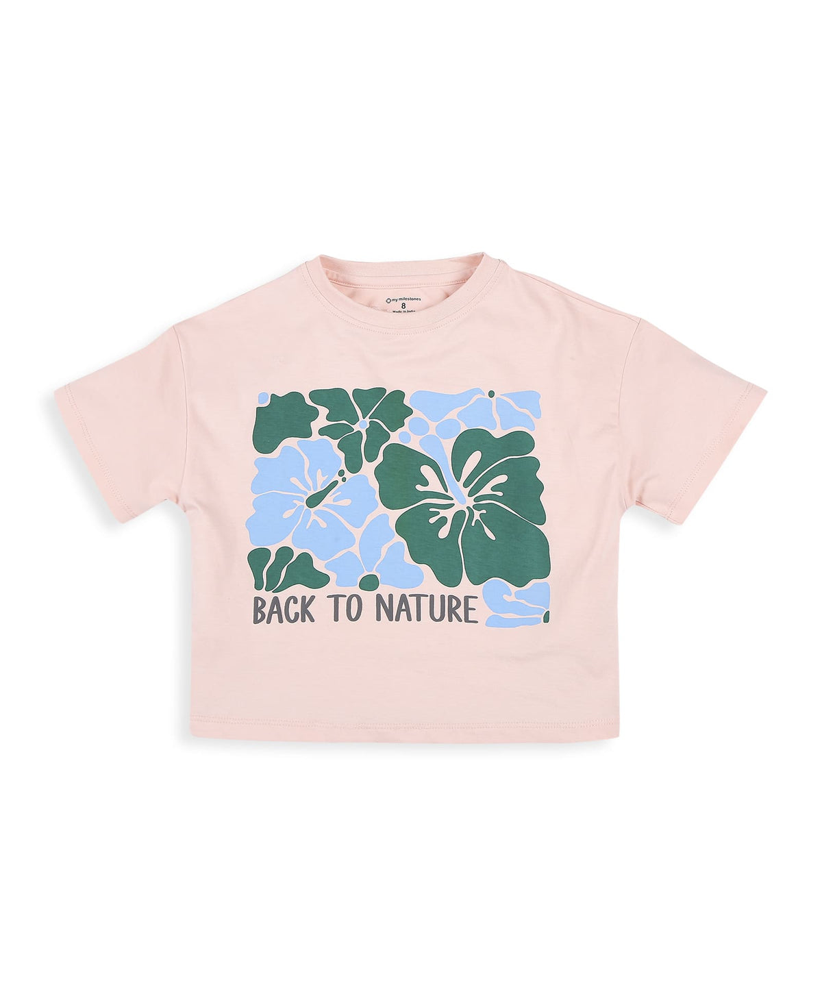 100% Cotton Nature Print Drop Shoulder Crop Tee - Pink