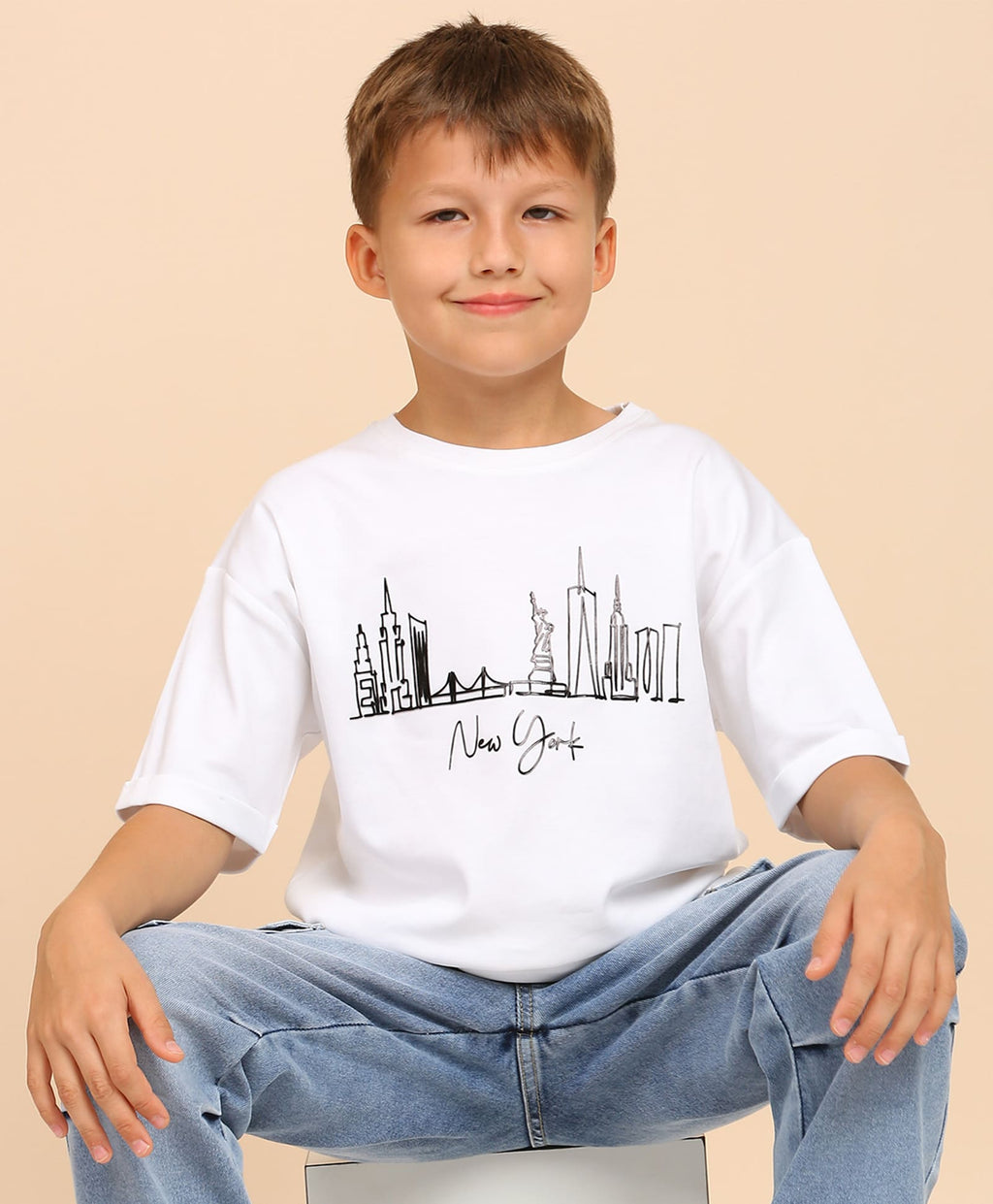 100% Cotton Drop Shoulder Tee With New York Foil Print - White
