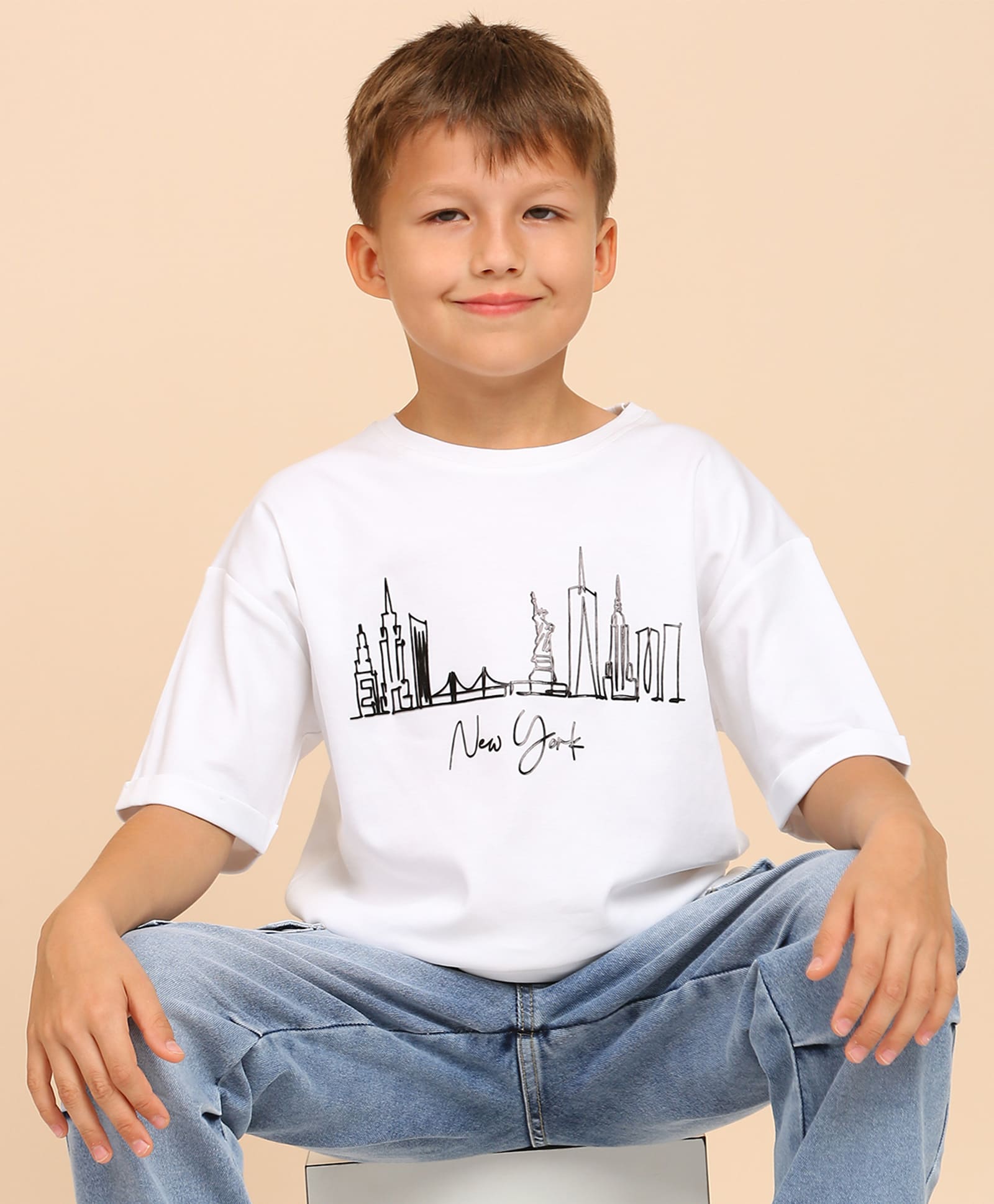 100% Cotton Drop Shoulder Tee With New York Foil Print - White