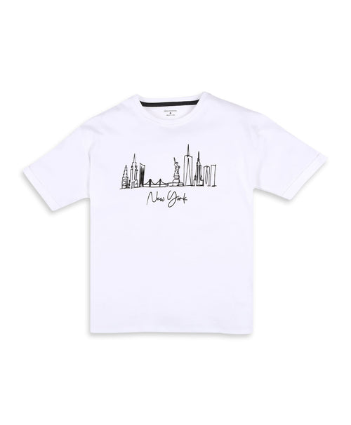 100% Cotton Drop Shoulder Tee With New York Foil Print - White