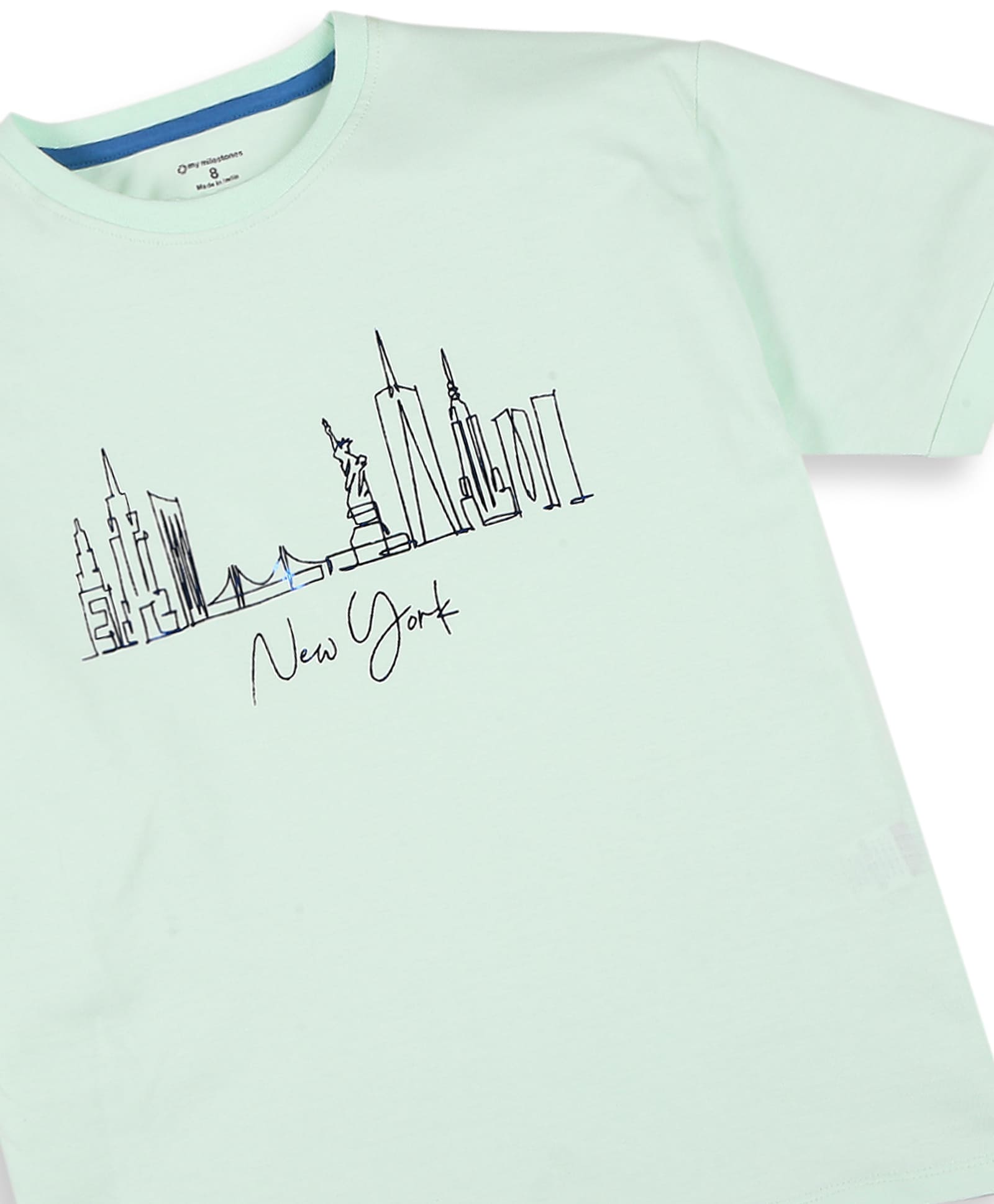 100% Cotton Drop Shoulder Tee With New York Foil Print - Light Green