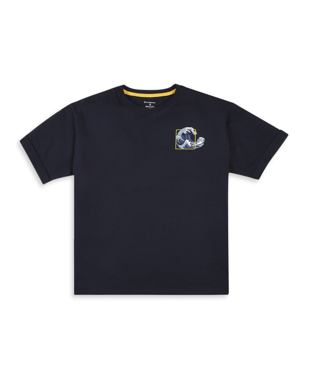 100% Cotton Drop Shoulder Tee With Front N Back Wave Print - Navy