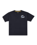 100% Cotton Drop Shoulder Tee With Front N Back Wave Print - Navy