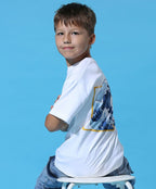 100% Cotton Drop Shoulder Tee With Front N Back Wave Print - White