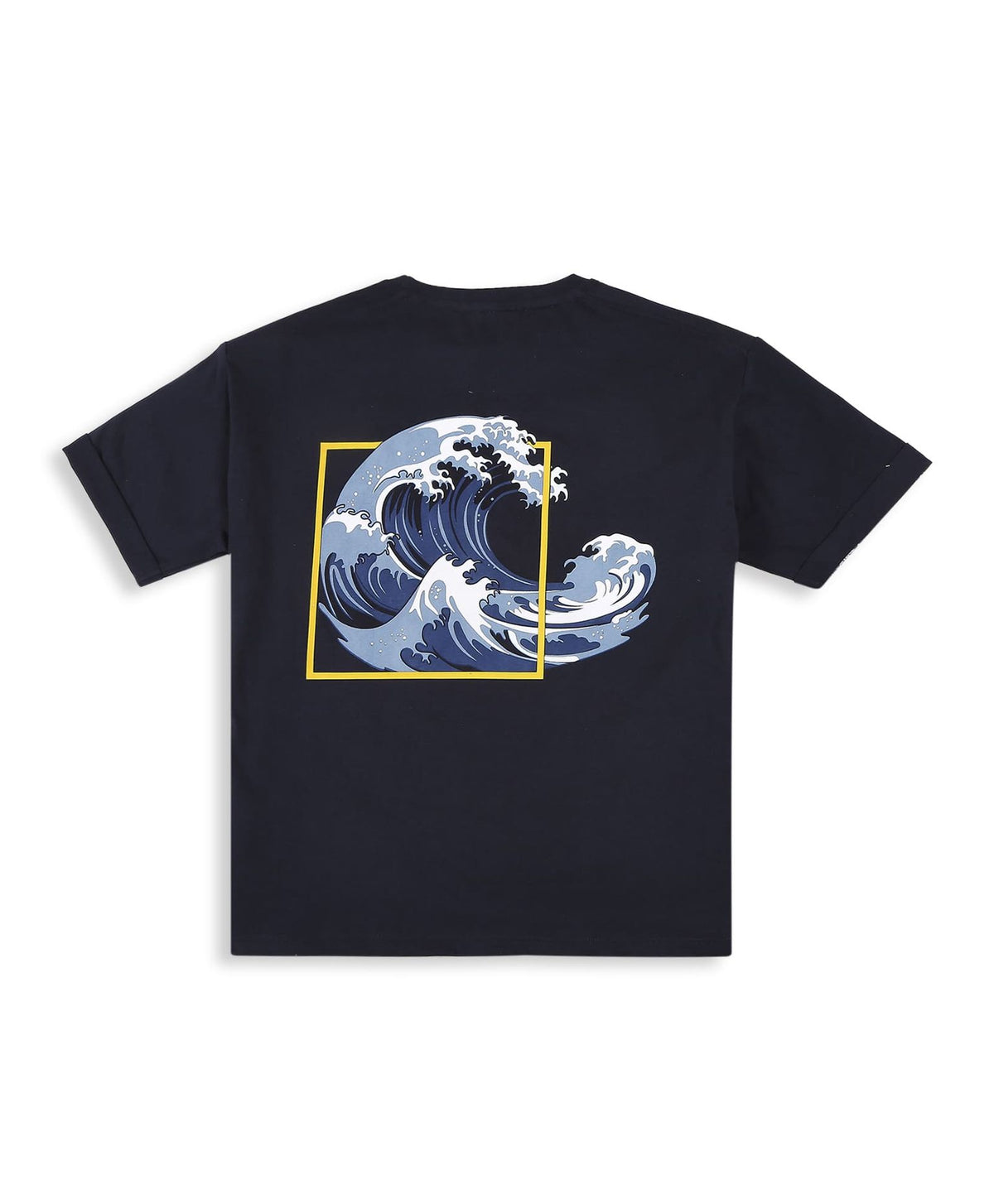 100% Cotton Drop Shoulder Tee With Front N Back Wave Print - Navy