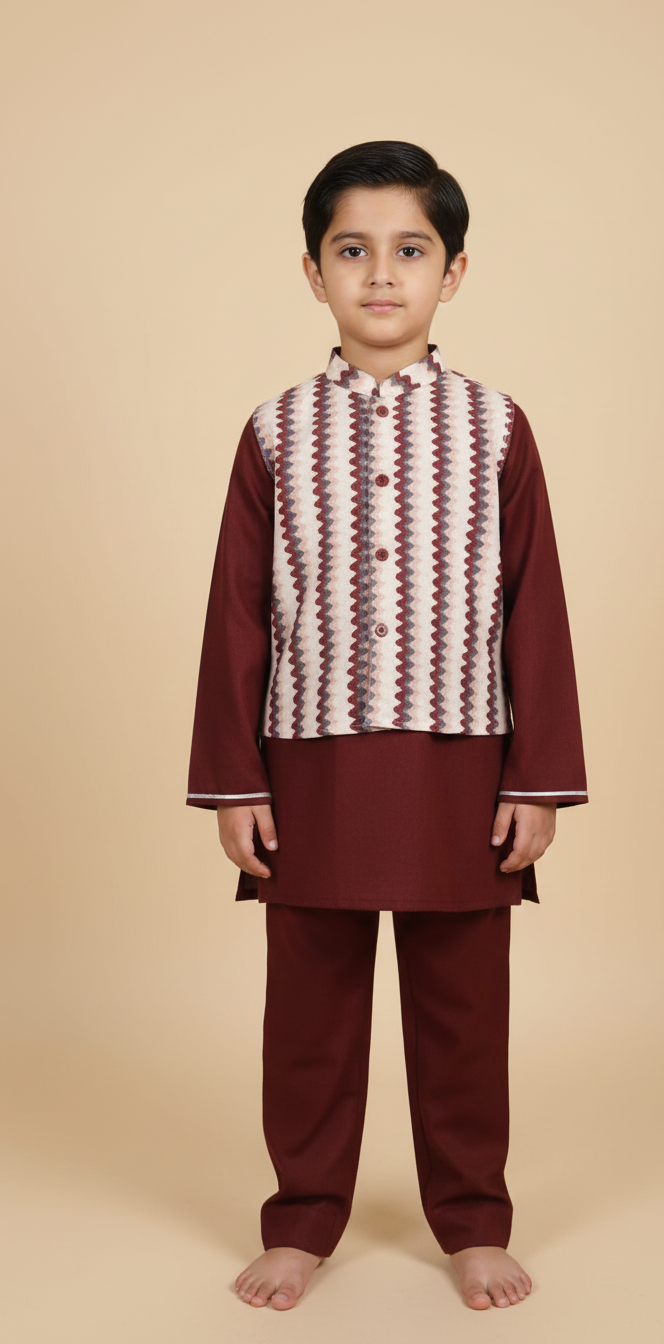 Red Kurta Payjama with zig zag Jacket