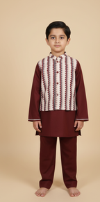 Red Kurta Payjama with zig zag Jacket