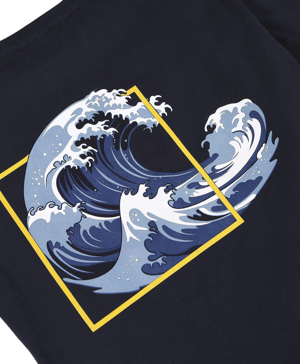 100% Cotton Drop Shoulder Tee With Front N Back Wave Print - Navy