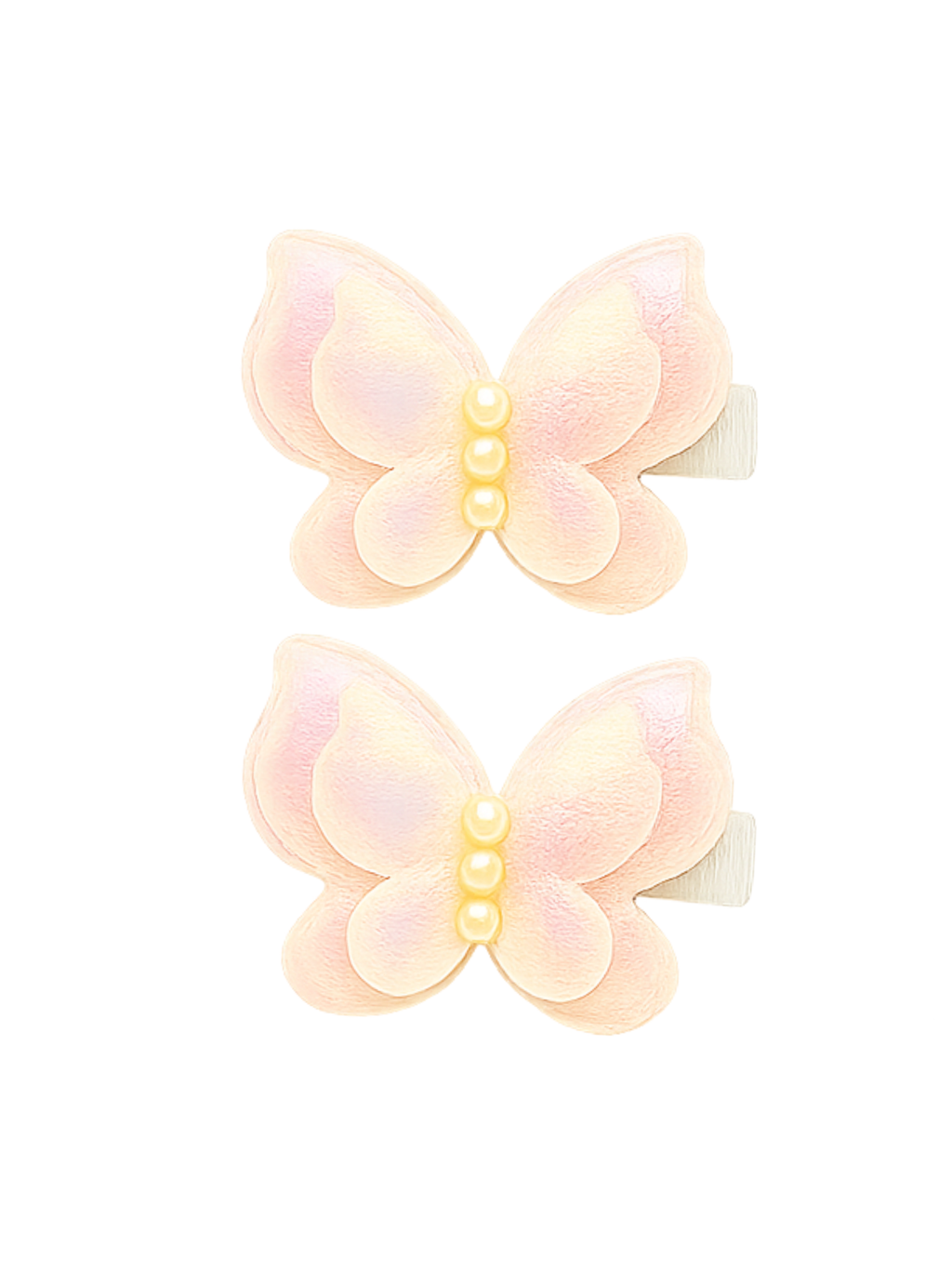 Two pastel butterfly-shaped hair clips on a white background