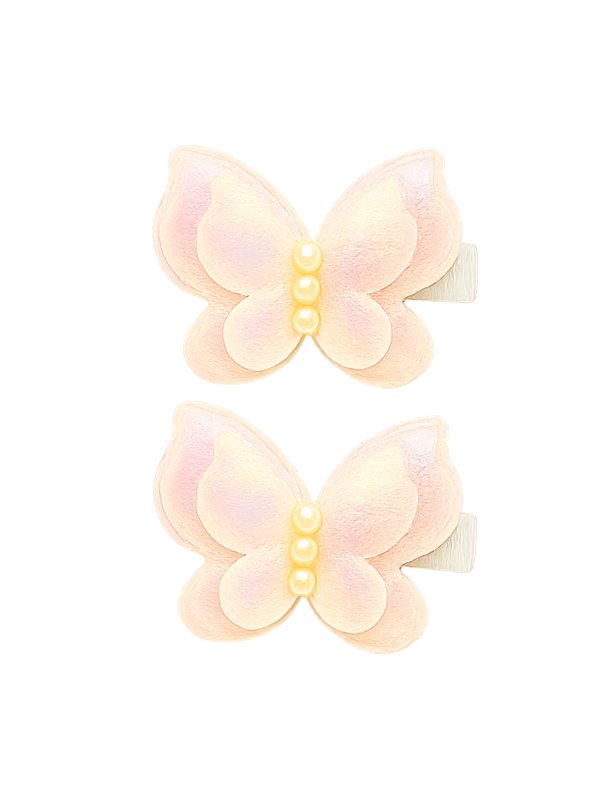 Two pastel butterfly-shaped hair clips on a white background