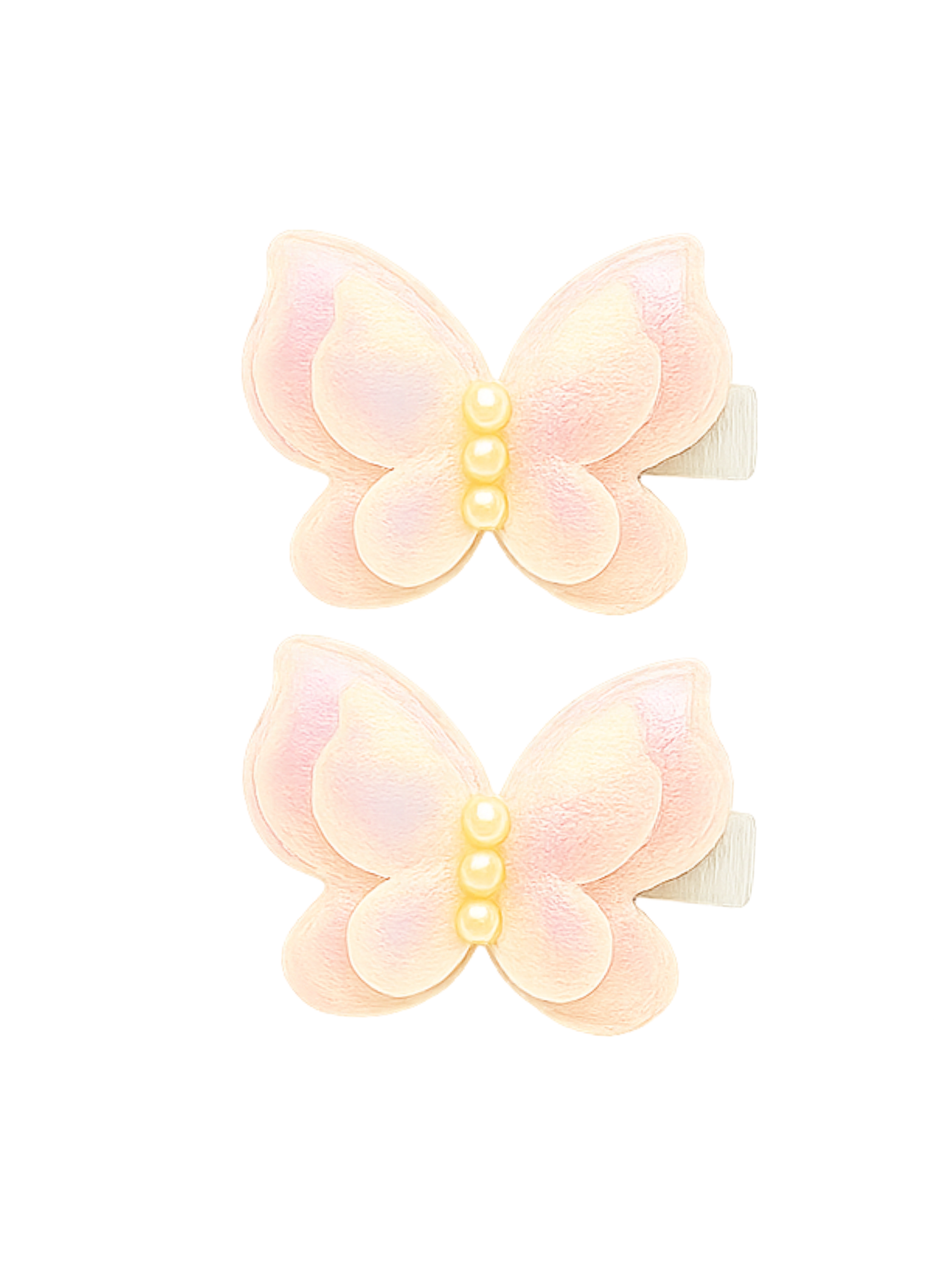 Two pastel butterfly-shaped hair clips on a white background