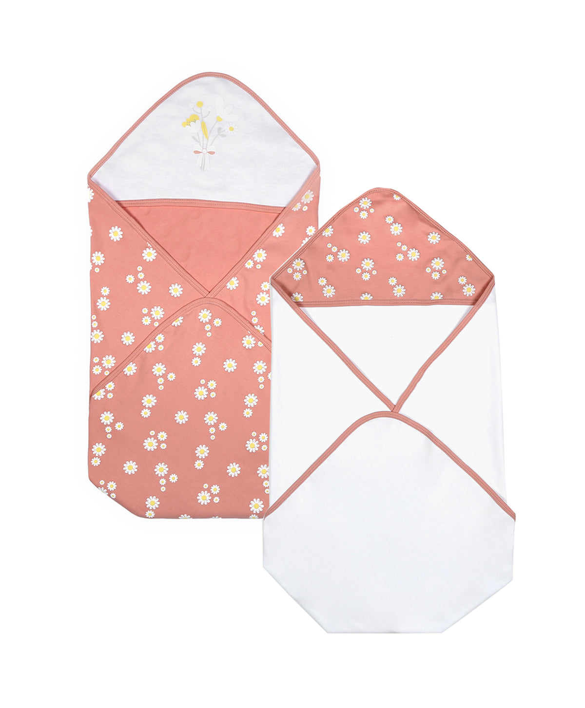 100% Cotton Interlock Hooded Baby Wrapper Daisy Print & White Pack of 2