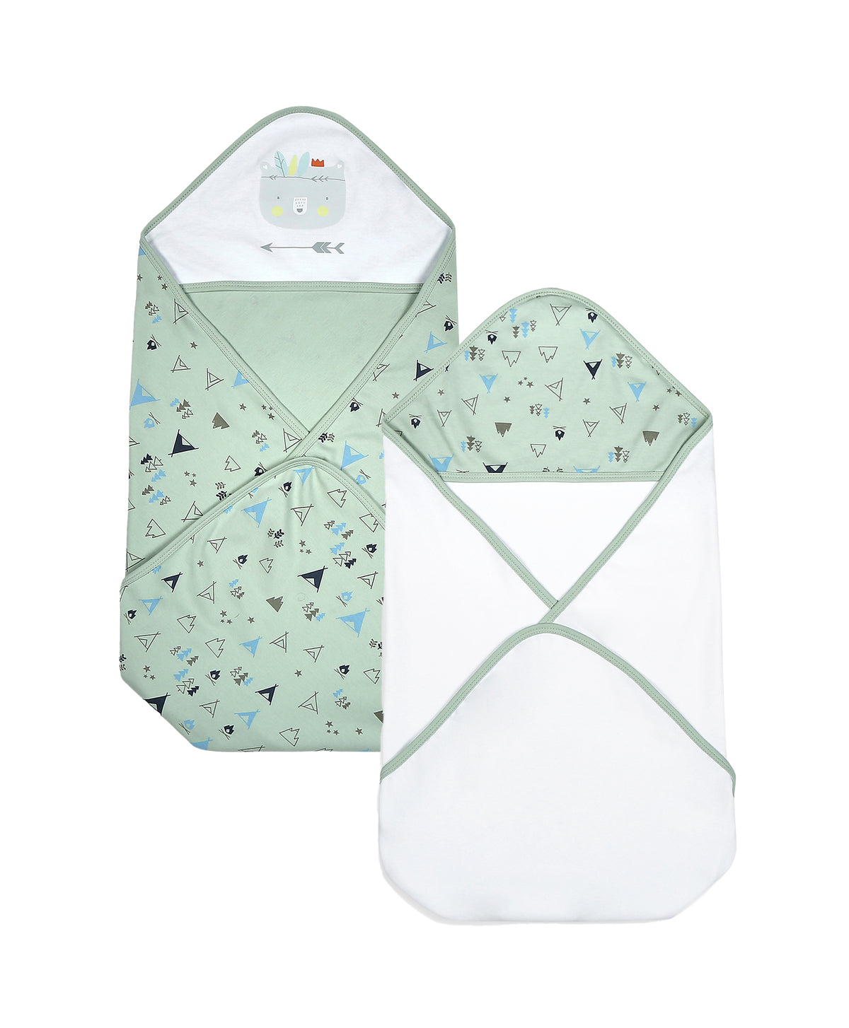 100% Cotton Interlock Hooded Baby Wrapper Teepee Print & White Pack of 2