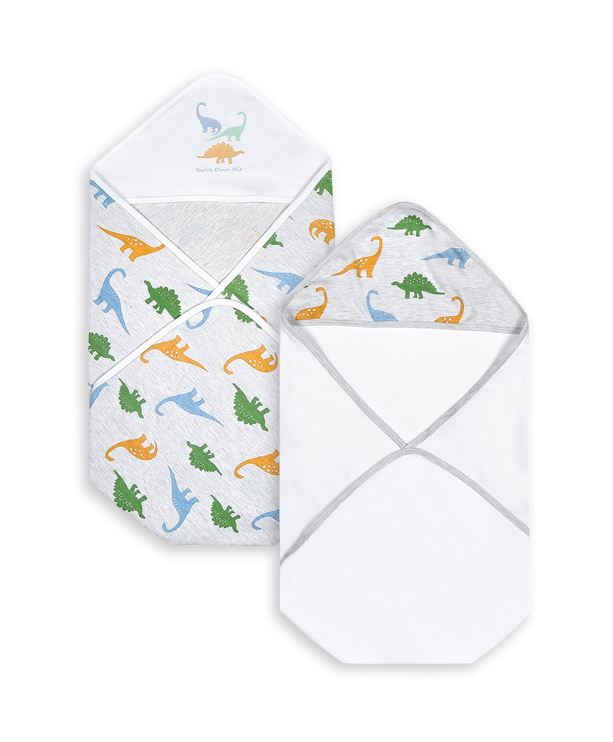 100% Cotton Interlock Hooded Baby Wrapper Dino Print & White Pack of 2