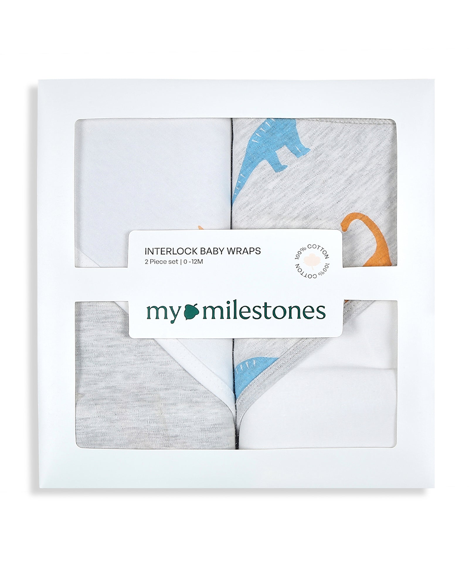 100% Cotton Interlock Hooded Baby Wrapper Dino Print & White Pack of 2
