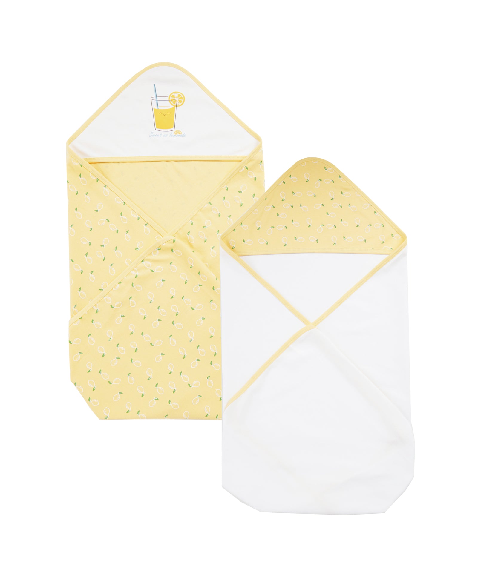 100% Cotton Interlock Hooded Baby Wrapper Lemon Print & White Pack of 2