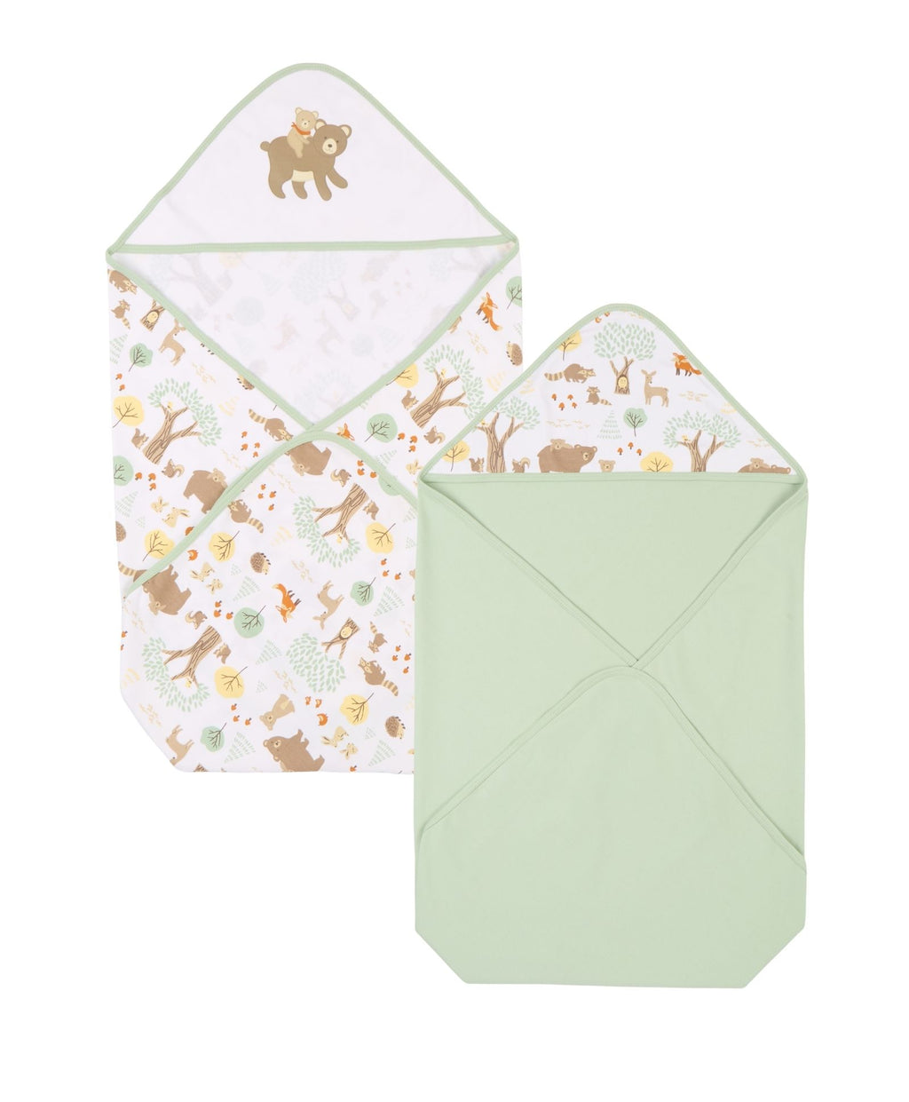 100% Cotton Interlock Hooded Baby Wrapper Woodland Wonders Print & Sage Green Pack of 2