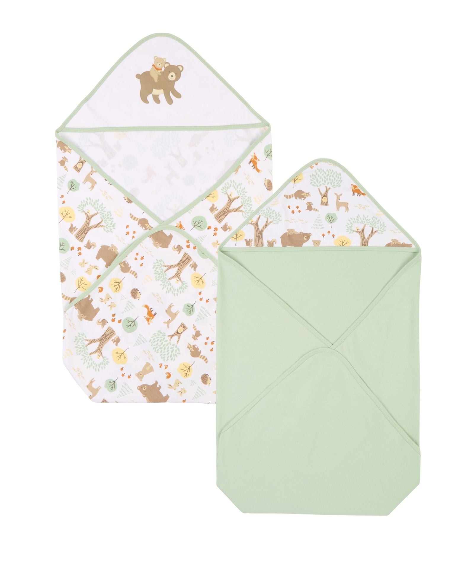 100% Cotton Interlock Hooded Baby Wrapper Woodland Wonders Print & Sage Green Pack of 2