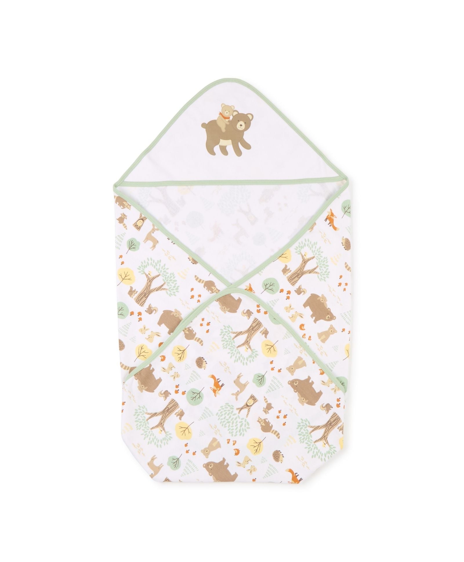 100% Cotton Interlock Hooded Baby Wrapper Woodland Wonders Print & Sage Green Pack of 2