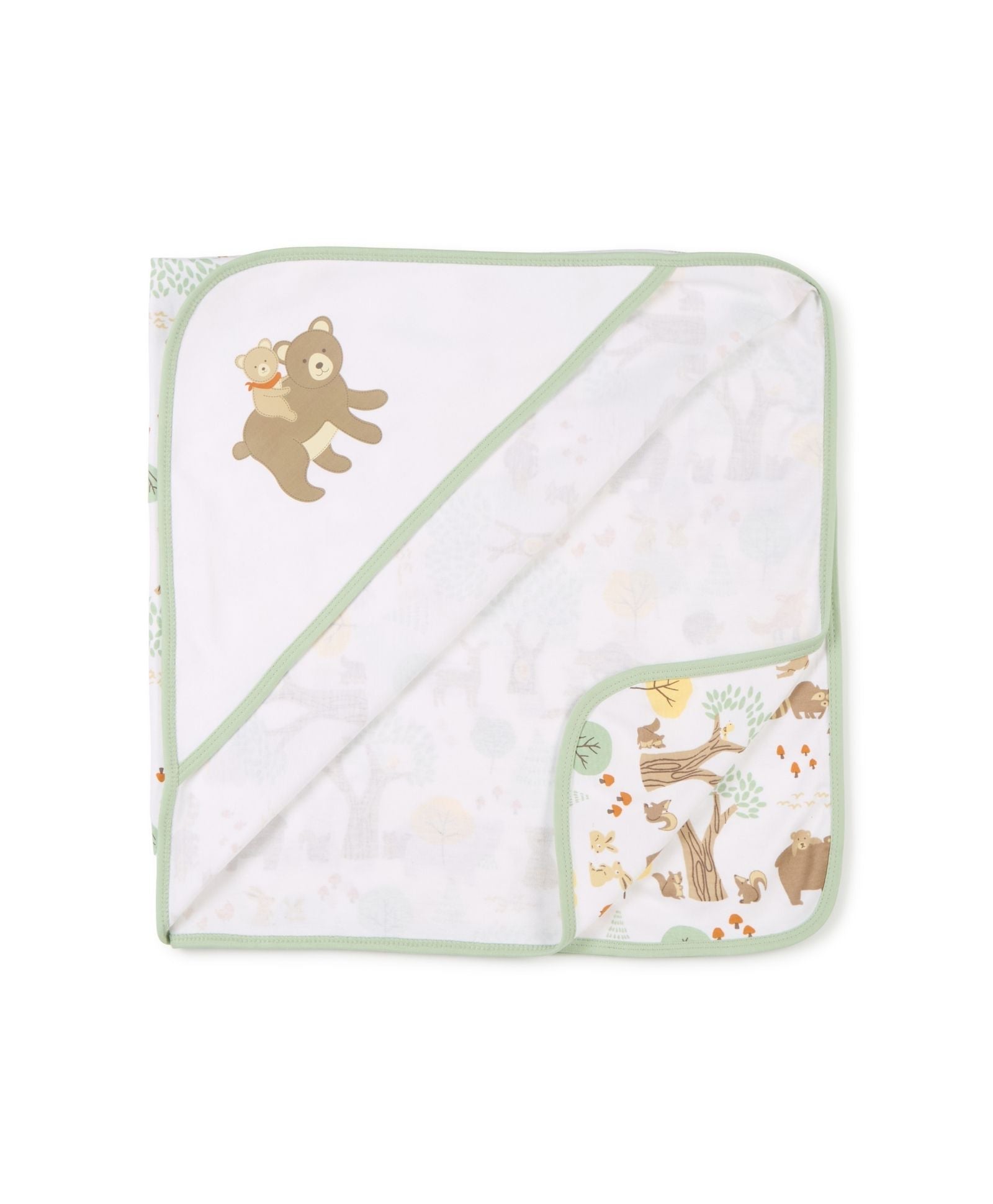 100% Cotton Interlock Hooded Baby Wrapper Woodland Wonders Print & Sage Green Pack of 2