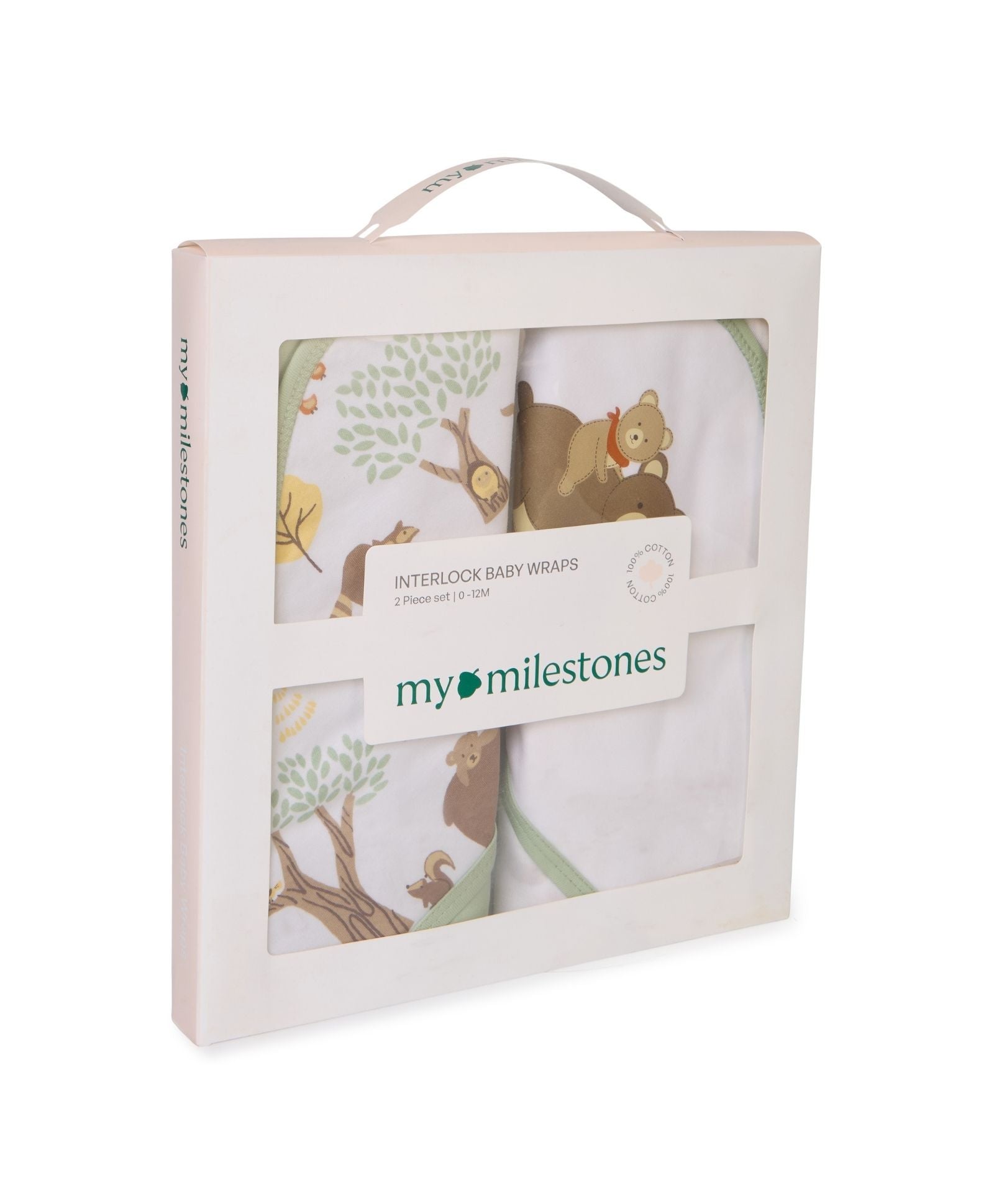100% Cotton Interlock Hooded Baby Wrapper Woodland Wonders Print & Sage Green Pack of 2