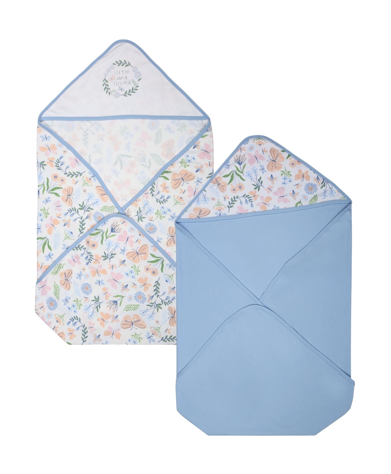 100% Cotton Interlock Hooded Baby Wrapper Butterfly Print & Blue Pack of 2