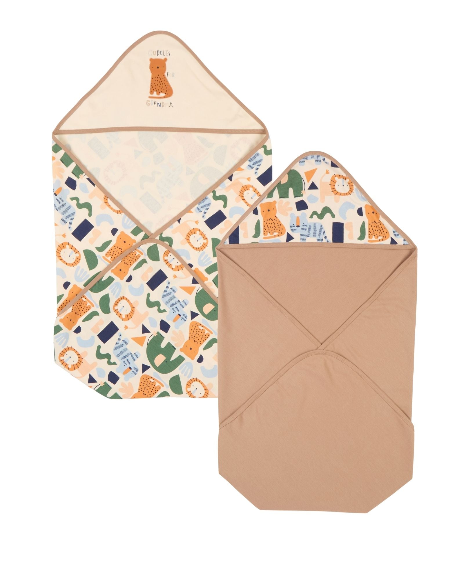 100% Cotton Interlock Hooded Baby Wrapper Animal Print & Fawn Pack of 2