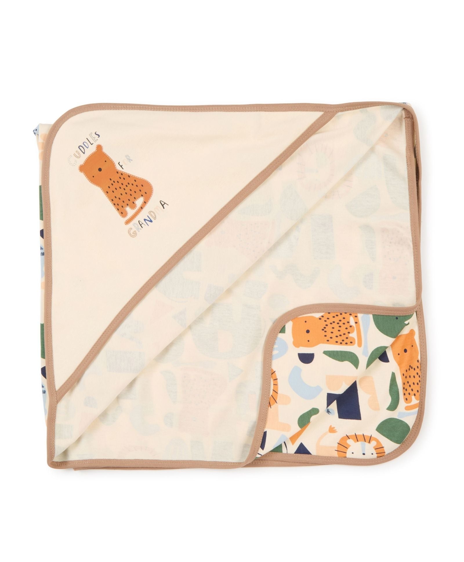 100% Cotton Interlock Hooded Baby Wrapper Animal Print & Fawn Pack of 2