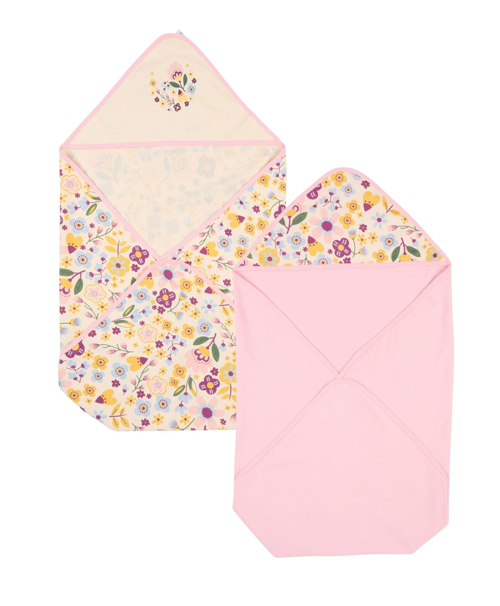 100% Cotton Interlock Hooded Baby Wrapper Floral Print & Pink Pack of 2