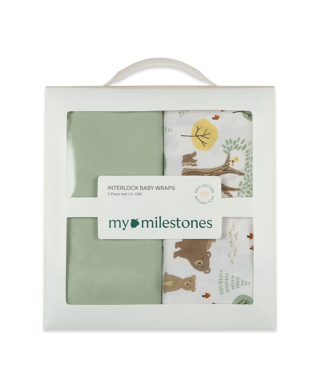 100% Cotton Interlock Baby Wrapper Woodland Wonders Print & Sage Green Pack of 2