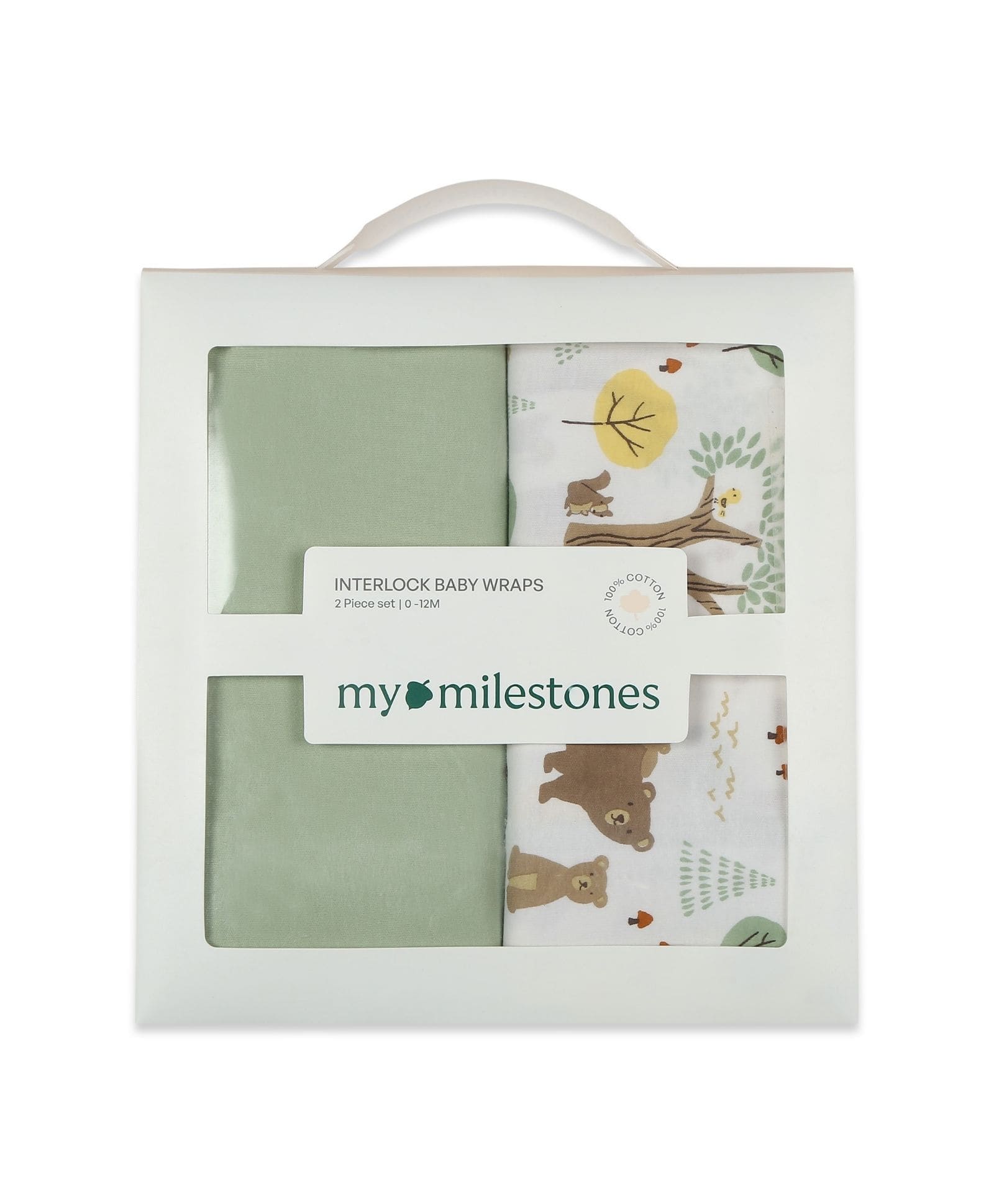 100% Cotton Interlock Baby Wrapper Woodland Wonders Print & Sage Green Pack of 2