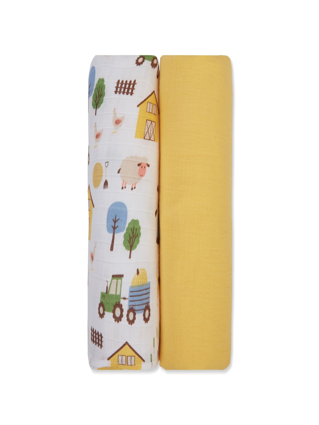 3 in 1 Muslin Swaddle Wrapper Pack of 2 (Size 41x41 Inches) Barnyard Print & Yellow