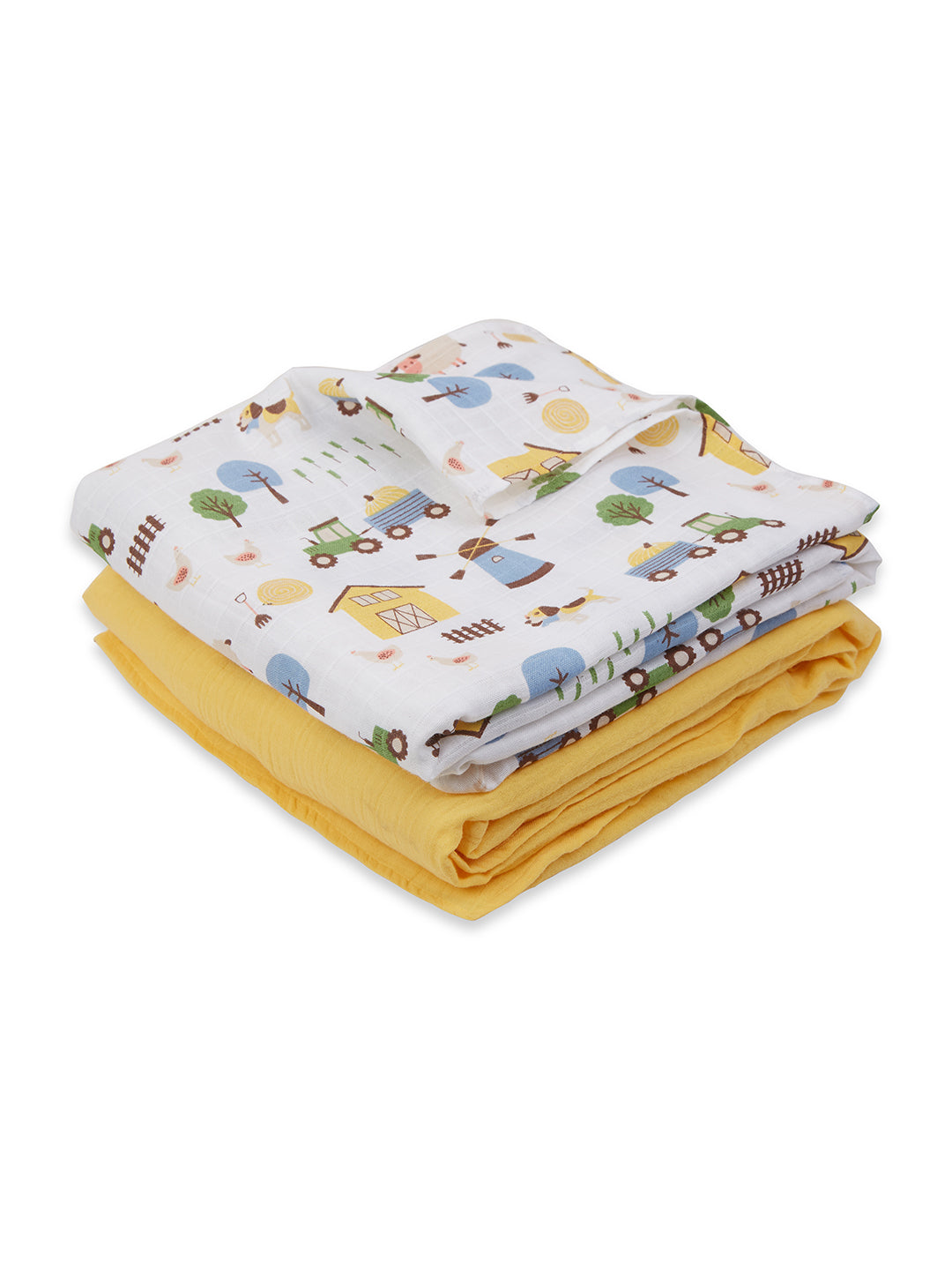 3 in 1 Muslin Swaddle Wrapper Pack of 2 (Size 41x41 Inches) Barnyard Print & Yellow