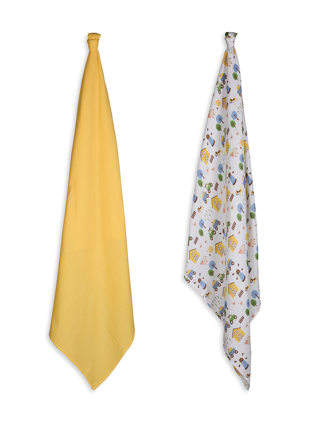 3 in 1 Muslin Swaddle Wrapper Pack of 2 (Size 41x41 Inches) Barnyard Print & Yellow