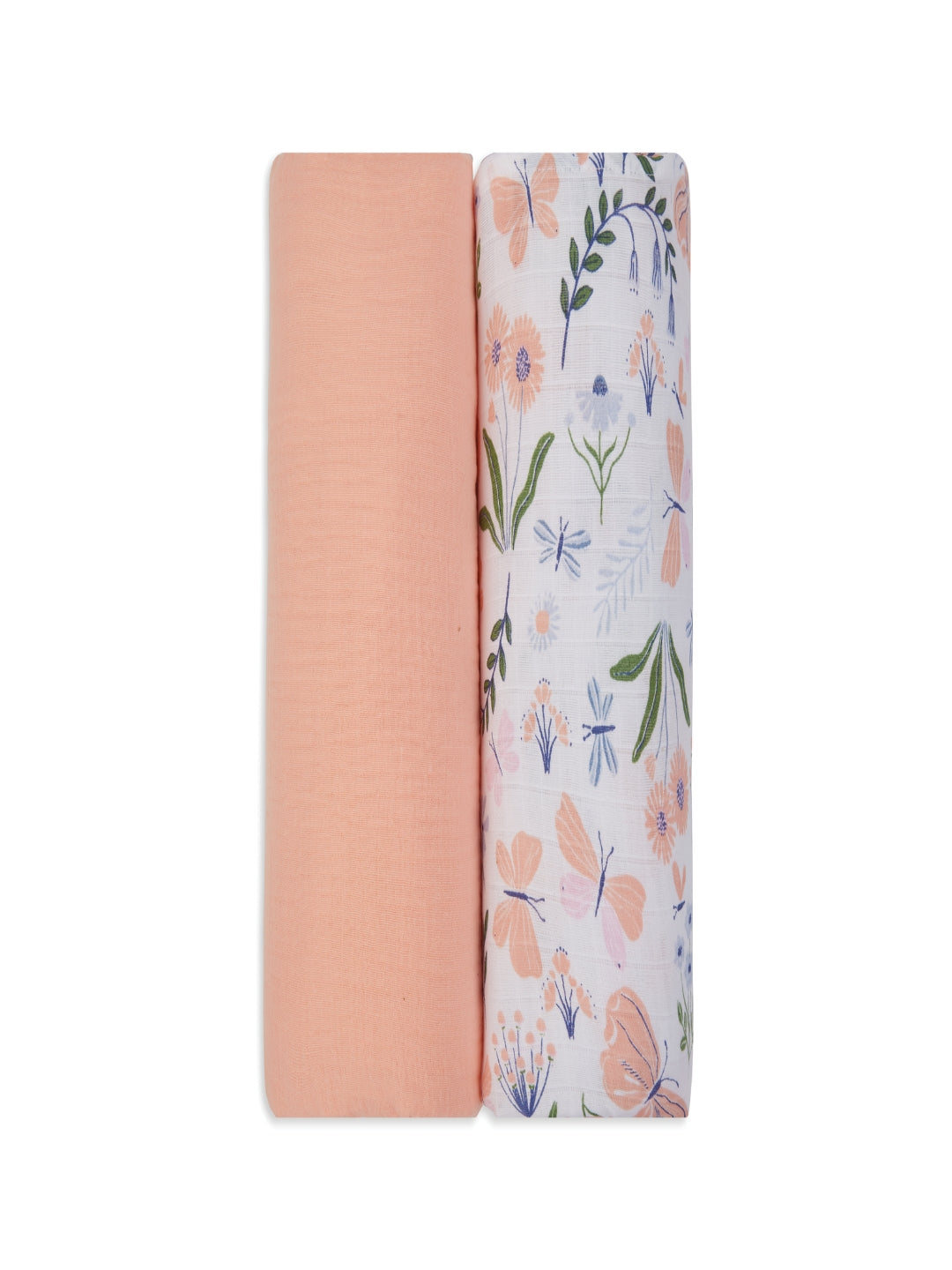 3 in 1 Muslin Swaddle Wrapper Pack of 2 (Size 41x41 Inches) Butterfly Print & Peach